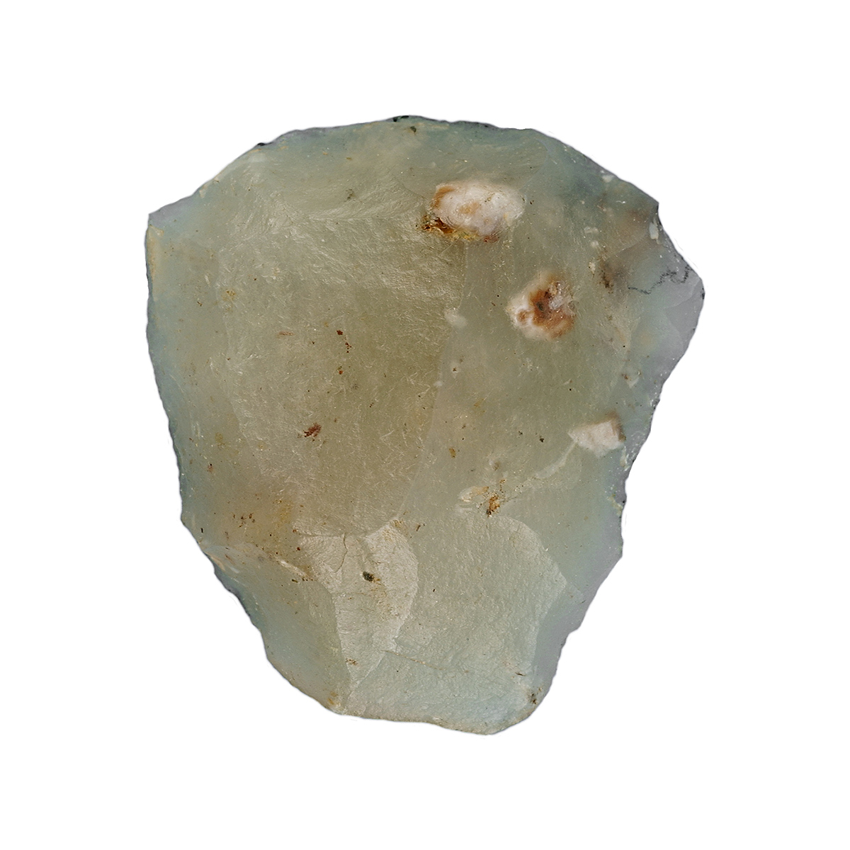 A piece of green quartz on a white background displayed at the Canadian Museum of History in Ottawa.