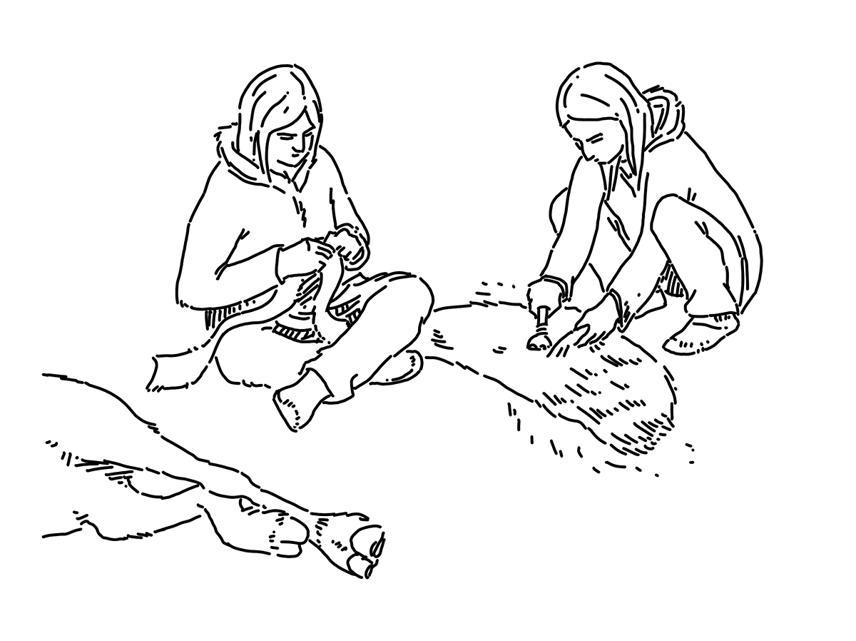 A drawing of two people sitting on the ground with a sheep at the Canadian Museum of History in Ottawa.