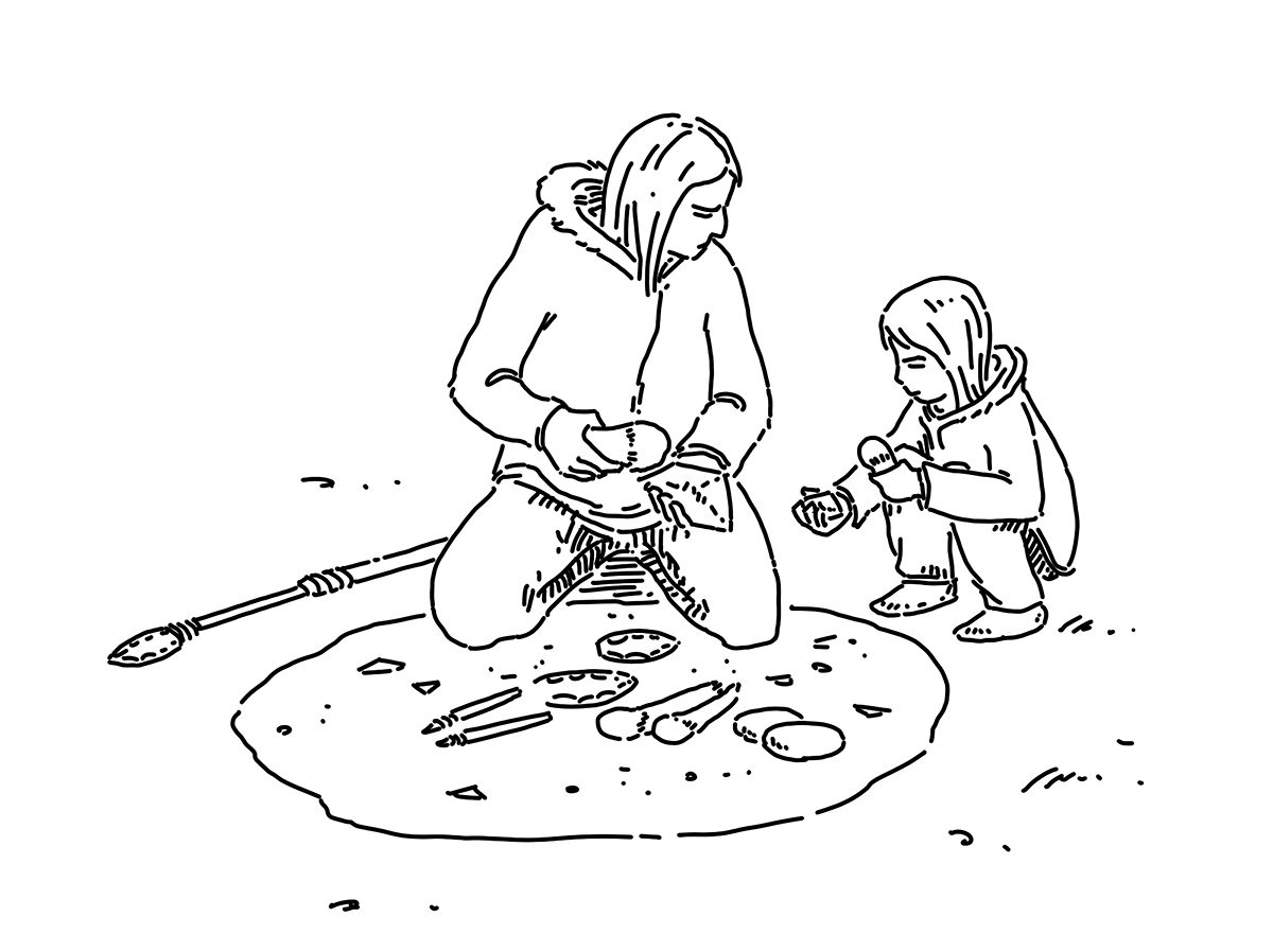 A drawing of a man and a woman sitting on the ground in Ottawa at the Canadian Museum of History.