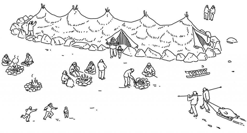 A drawing of a tent with people around it, displayed at the Canadian Museum of History in Ottawa.