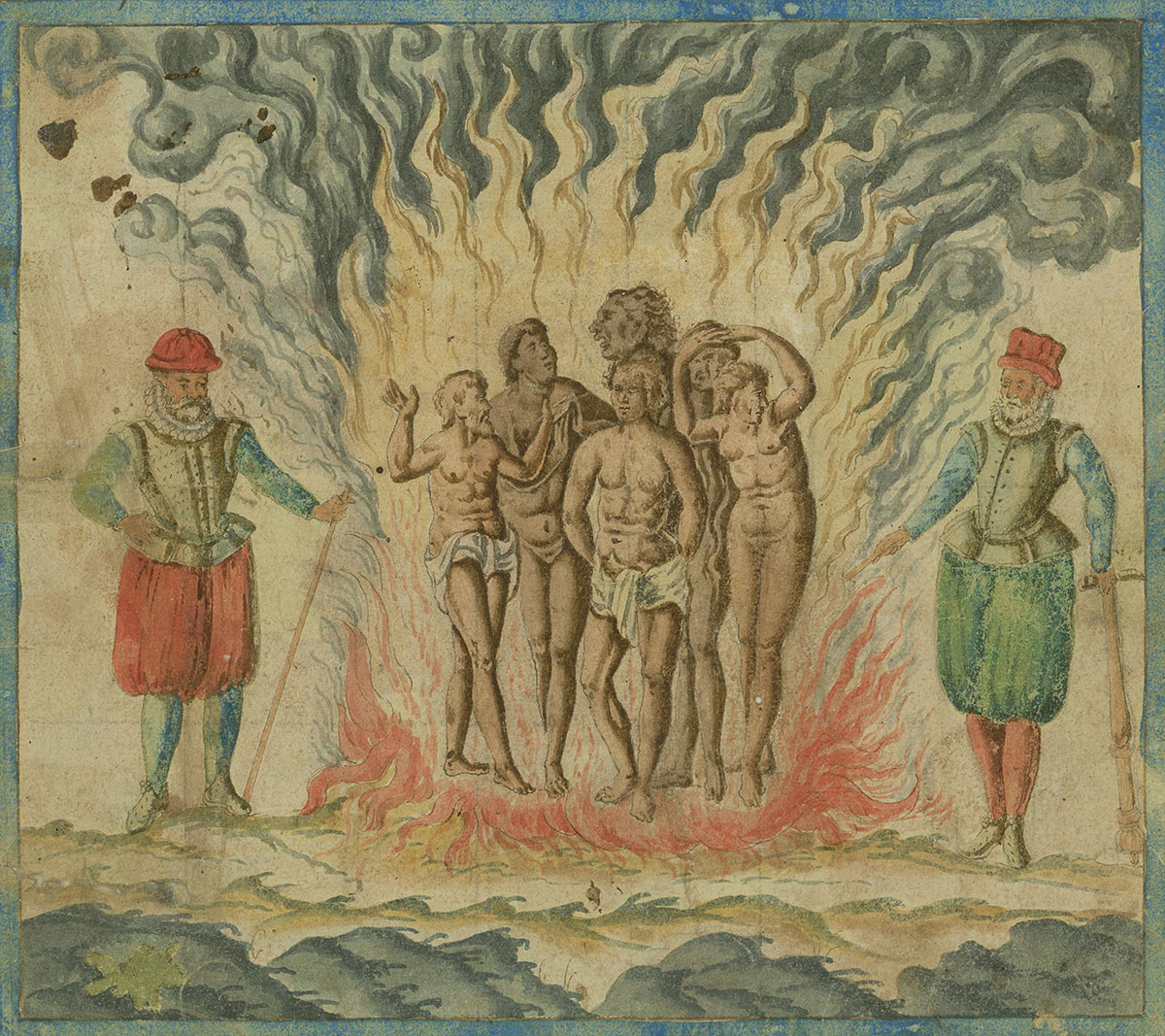 A drawing of a group of men standing in front of a fire at the Canadian Museum of History in Ottawa.