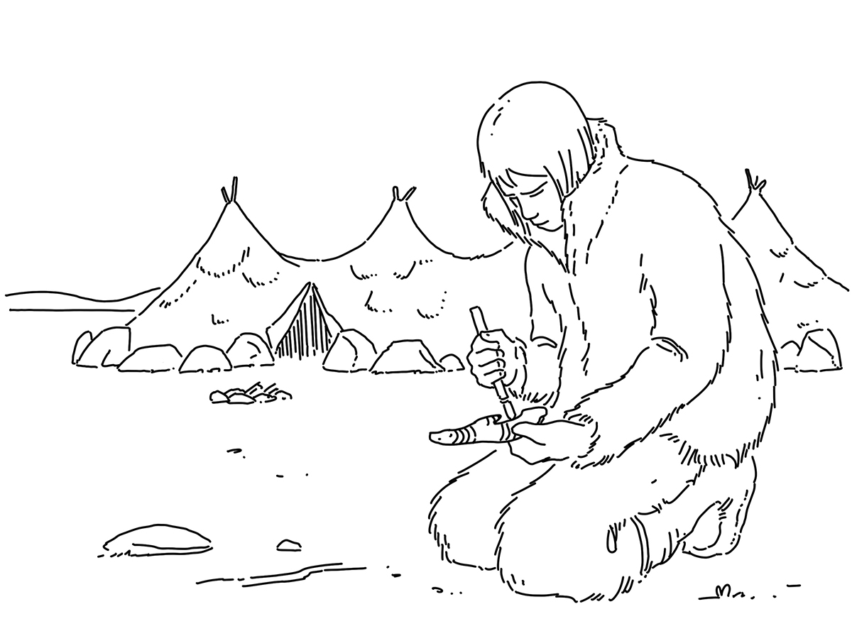 A man is kneeling down in front of a tent coloring page at the Canadian Museum of History.