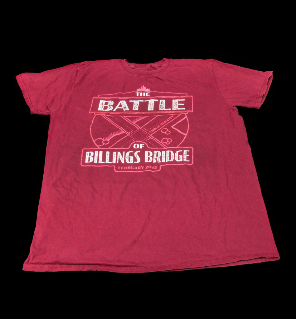 A red t-shirt featuring the phrase "The Battle of Billings Bridge" for the Freedom Convoy.