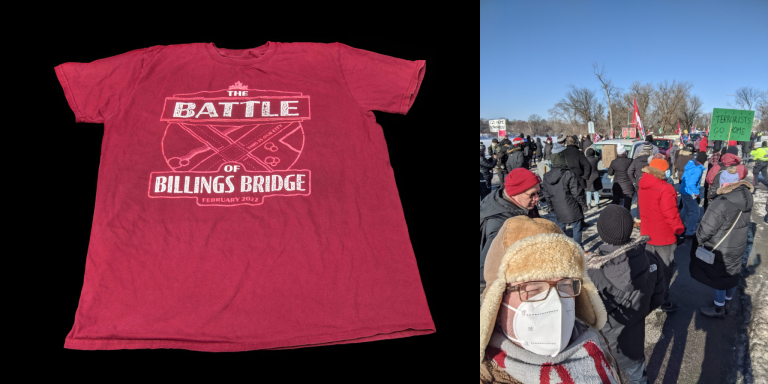 Left: “Battle of Billings Bridge” t-shirt given to Robert Talbot by a neighbour. Right: Selfie taken by Talbot during his participation in the “Battle of Billings of Bridge,” February 13, 2022.