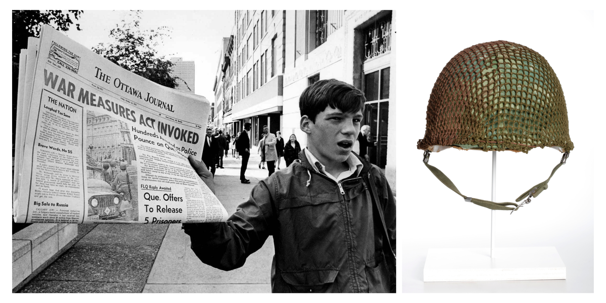 Young man holds a newspaper that says 'War Measures Act Invoked"