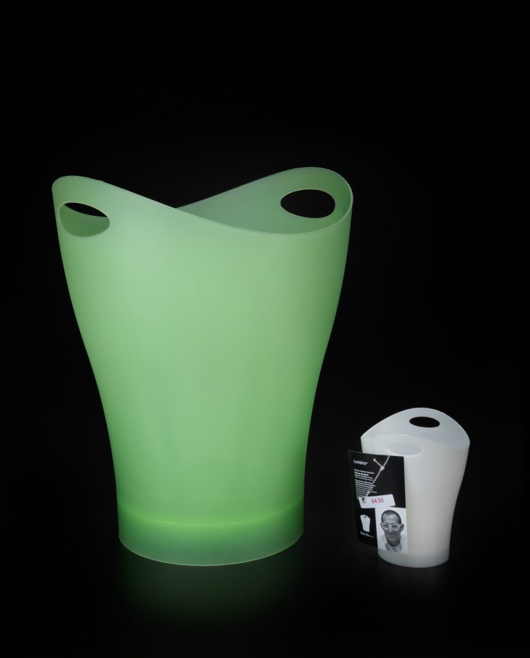 The large green Garbo and small white Garbini, designed by Karim Rashid.