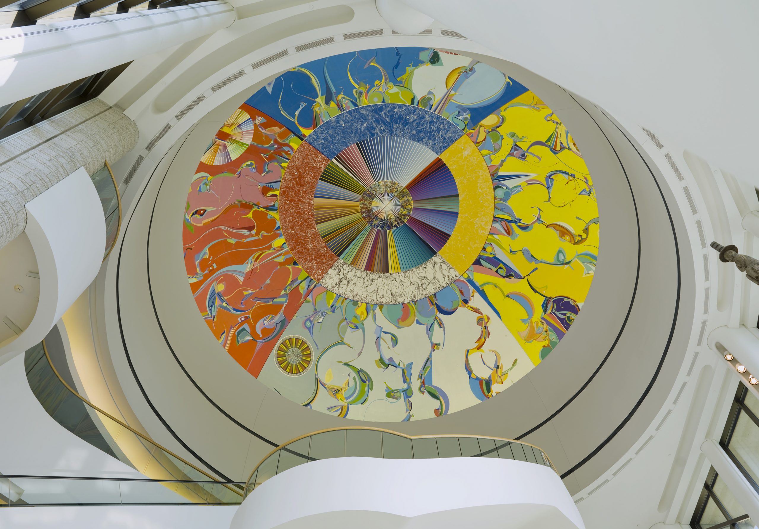 A circular painting on the ceiling of a building, often featured in virtual tours.